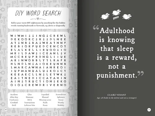 Page from a book with a word search puzzle and a quote by Claire Voyant on a gray background.
