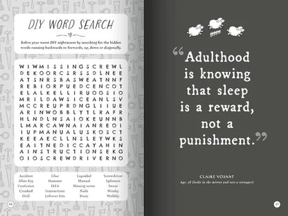 Page from a book with a word search puzzle and a quote by Claire Voyant on a gray background.