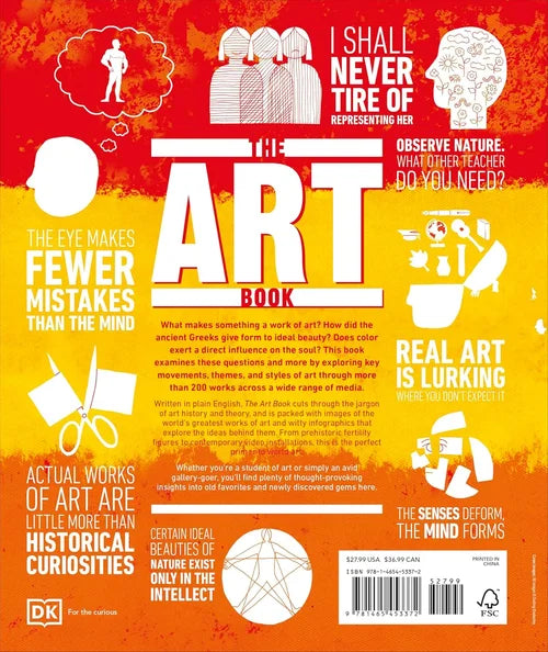Book cover of 'The Art Book' with various text quotes and minimalistic illustrations on a red and orange background.