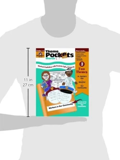 Educational workbook titled 'Theme Pockets' held by a mannequin against a white background