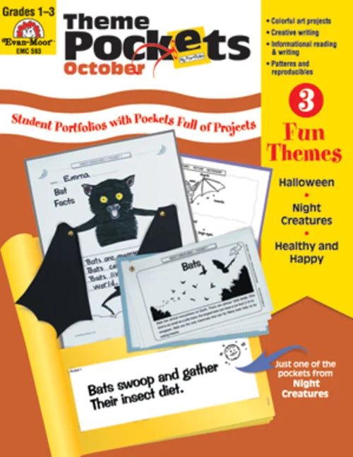 Book cover of 'Theme Pockets October' with a cat illustration and educational activities.