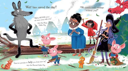 Illustrated children's book page with characters from 'The Three Little Pigs' and a wolf.