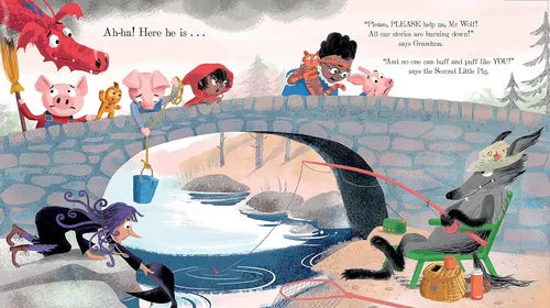 Illustrated children's book page with characters around a pond.