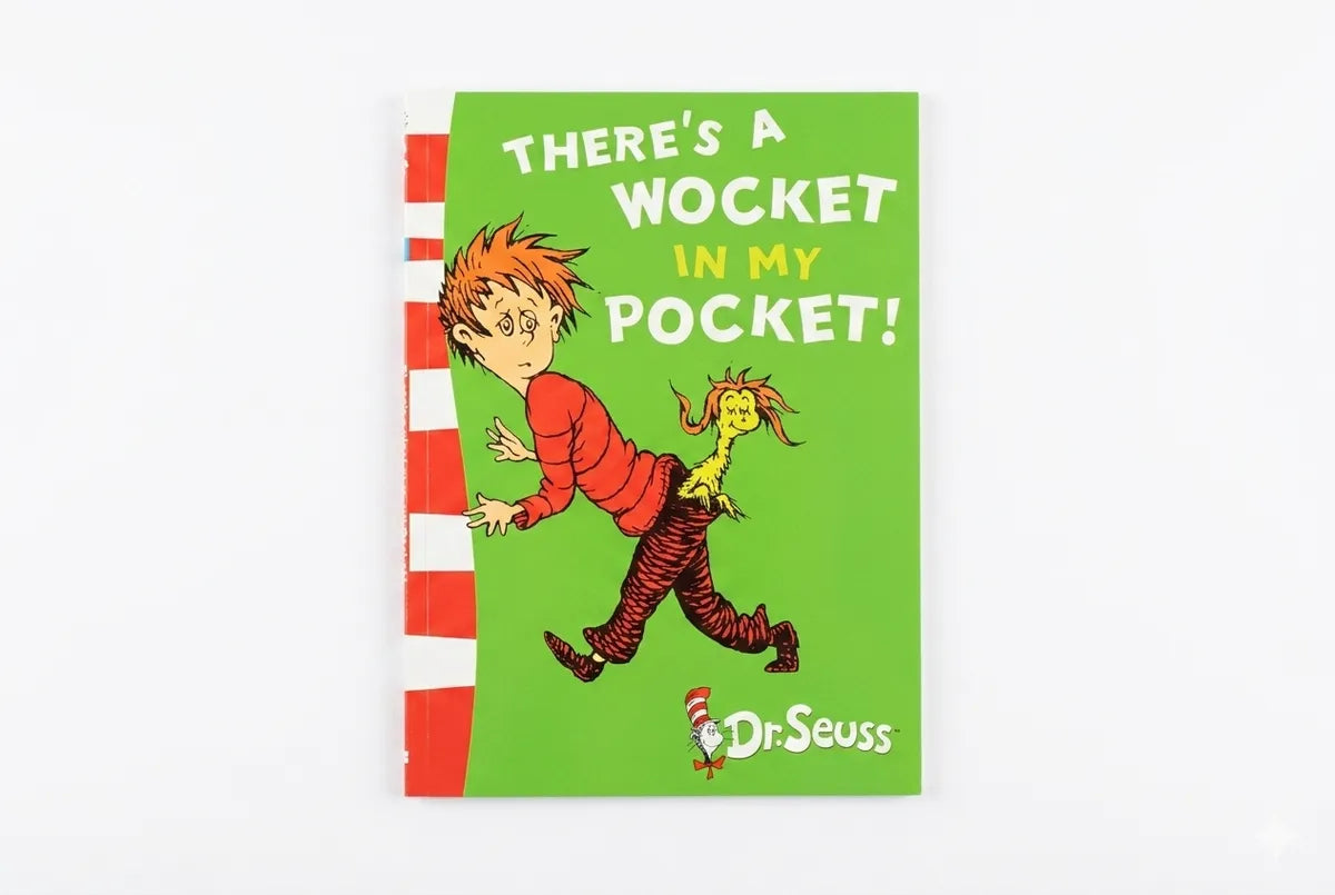 Children's book cover with cartoon characters and 'There's a Wocket in My Pocket!' text on a green background.