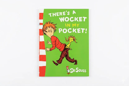 Children's book cover with cartoon characters and 'There's a Wocket in My Pocket!' text on a green background.
