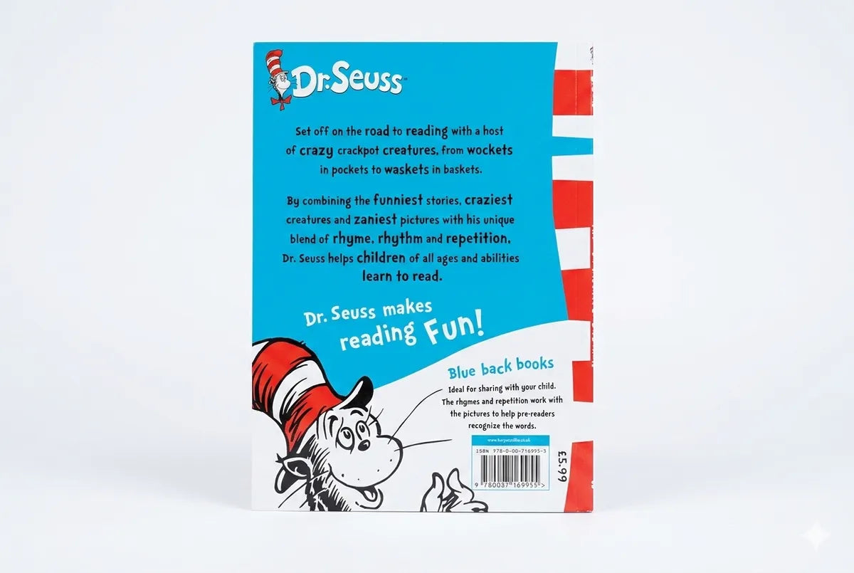Back cover of a Dr. Seuss book with a blue background and red and white striped pattern.