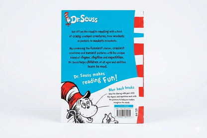 Back cover of a Dr. Seuss book with a blue background and red and white striped pattern.