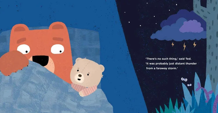 Illustration of a bear and a teddy bear looking out of a window at night with a stormy sky.