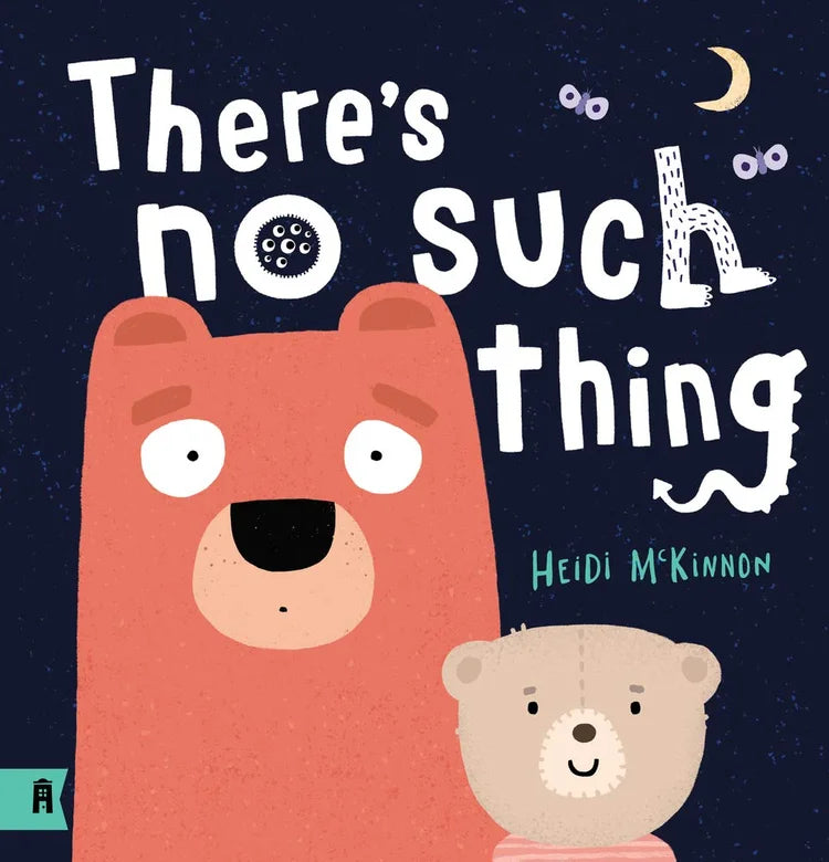 Book cover with two bears and text 'There's no such thing' by Heidi McKinnon on a dark blue background.