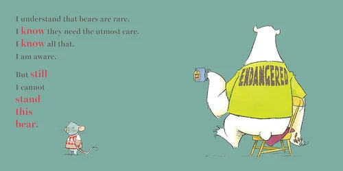 Cartoon bear wearing an 'Endangered' shirt with a mouse looking on, on a green background.