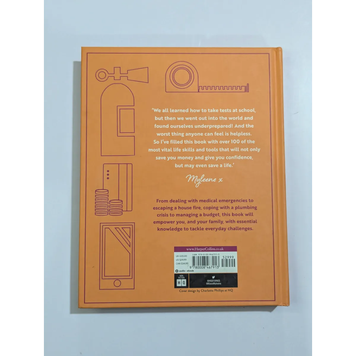 Back cover of a book with text and minimal illustrations on a light blue background
