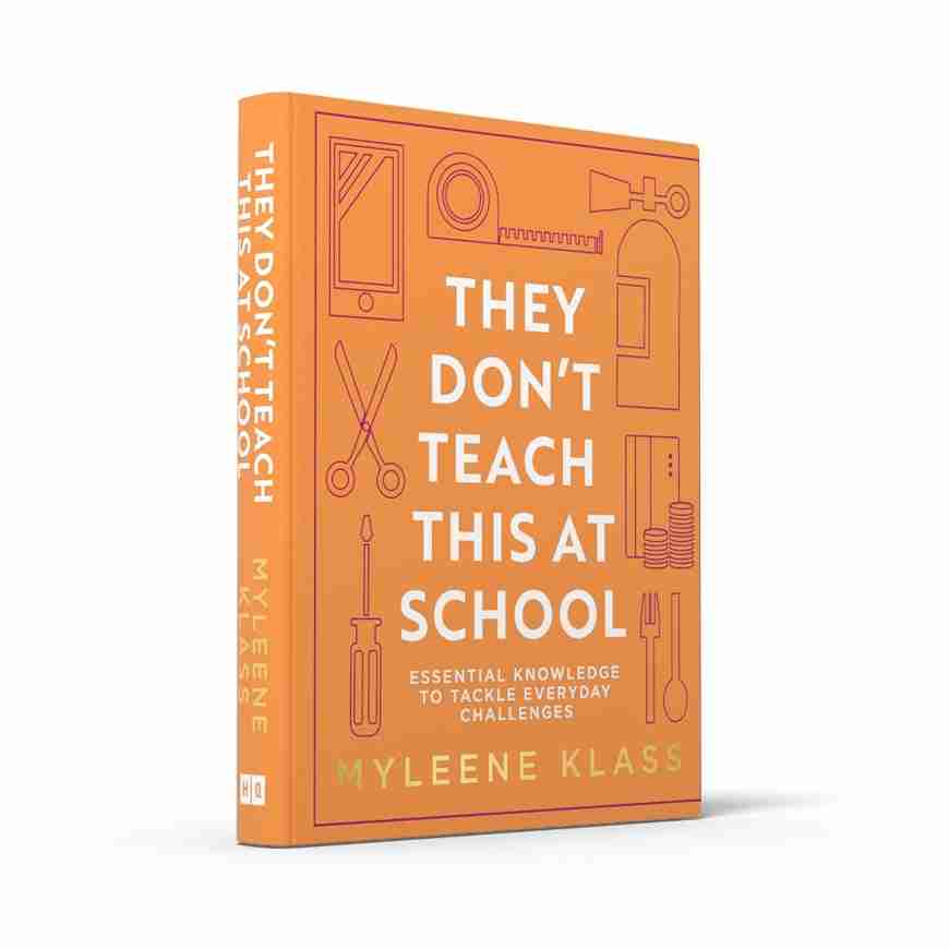 Book titled 'They Don't Teach This at School' by Myleene Klass on an orange background
