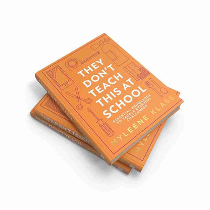 Stack of orange books titled 'They Don't Teach at School' on a white background