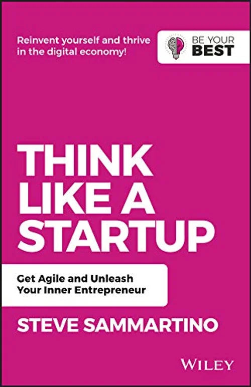 Book cover of 'Think Like a Startup' by Steve Sammartino with a pink background and white text.