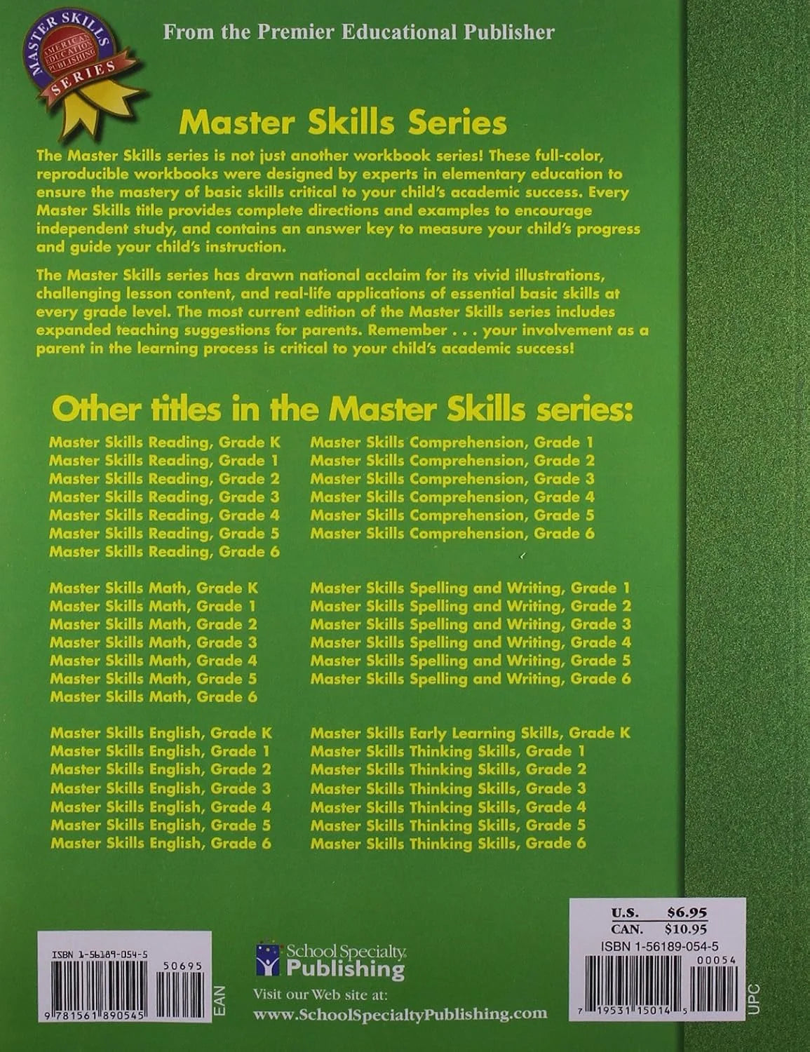 Back cover of a educational workbook from the Master Skills Series with text and branding.