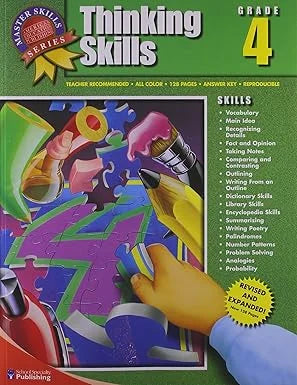 Book cover of 'Thinking Skills' Grade 4 with colorful illustration and text.