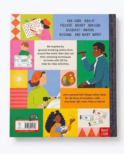 The back cover of a children's activity book titled 'Van Gogh - Kahlo - Picasso - Monet - Hokusai - Basquiat - Warhol - Kusama and many more!' by Rosy Crow, featuring a colorful grid of illustrations and text on a white background.
