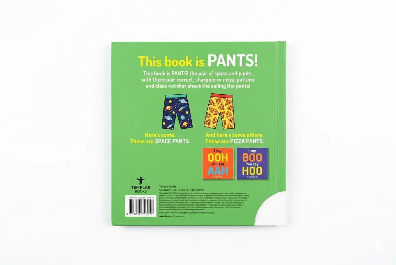 Book cover with text 'This book is PANTS!' and colorful illustrations on a green background
