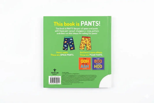 Book cover with text 'This book is PANTS!' and colorful illustrations on a green background