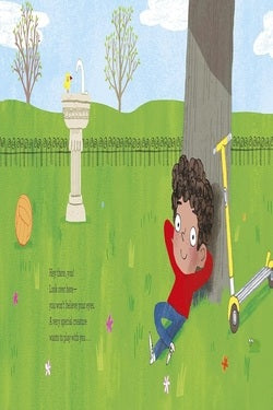 Illustration of a child hiding behind a tree in a park with a scooter and playground equipment.