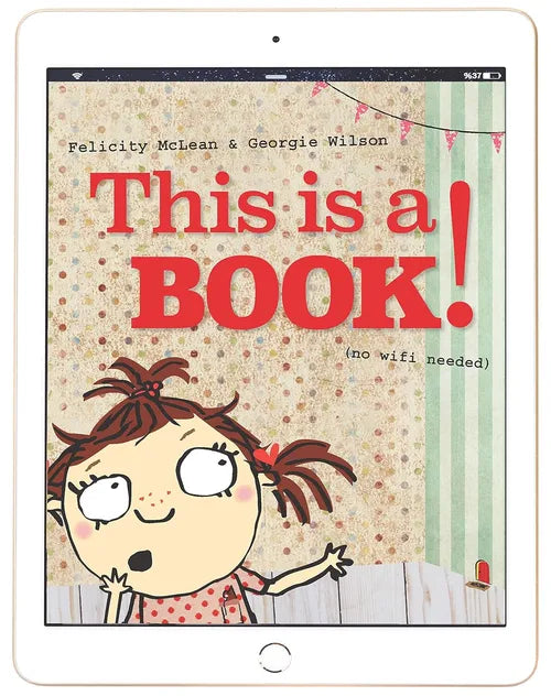 Book cover of 'This is a Book! (no wifi needed)' with a cartoon character on an iPad screen.
