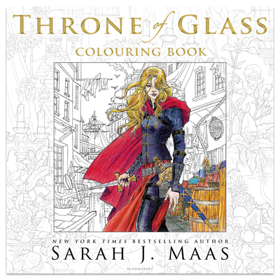 Coloring book cover of 'Throne of Glass' with a character in a fantasy setting