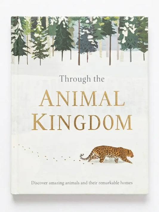 Book cover titled 'Through the Animal Kingdom' with a forest illustration and leopard design.