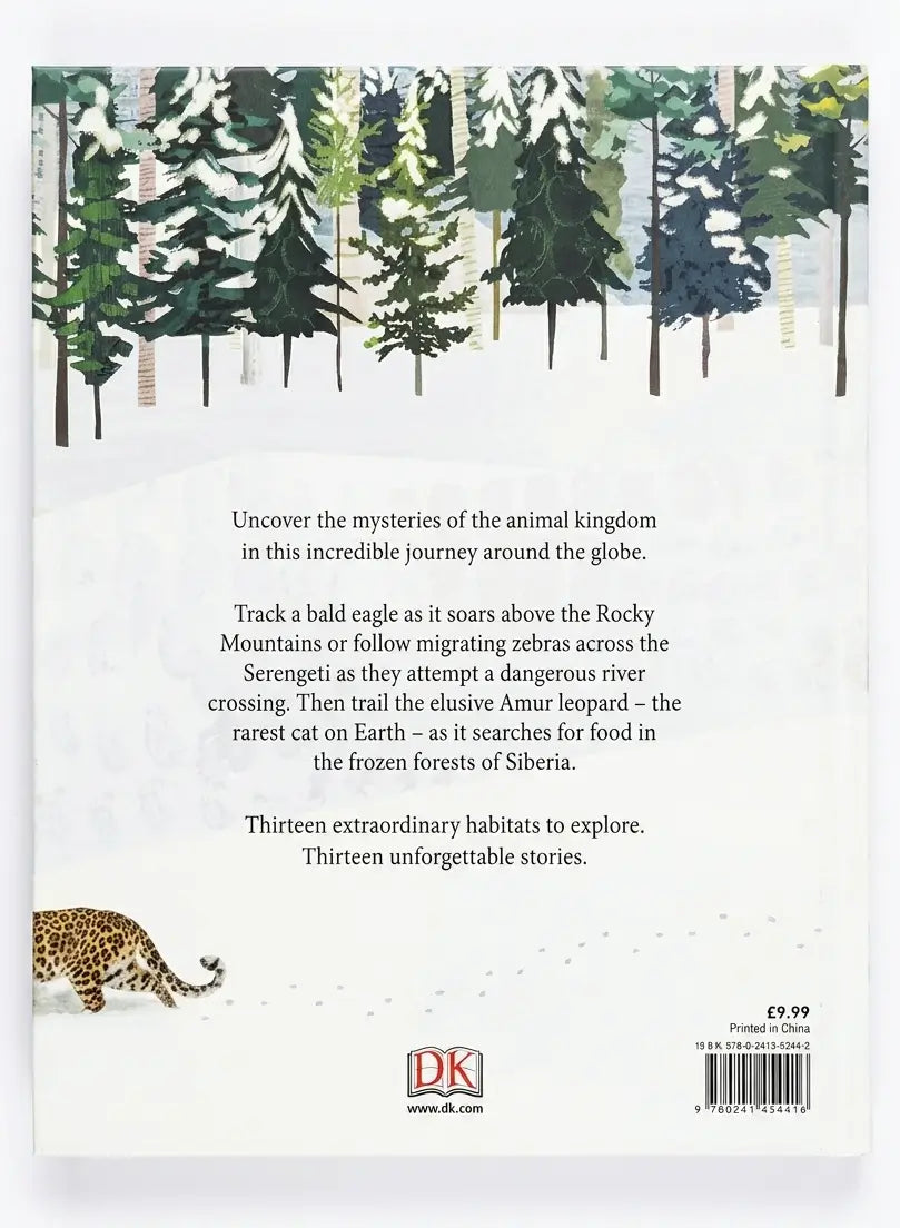 Bookback with forest illustration and text about animal adventures, featuring the DK logo.