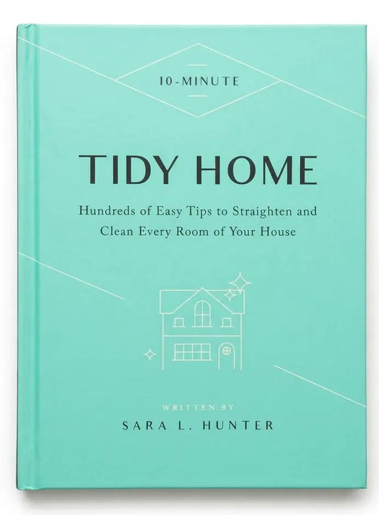 Book titled '10-Minute Tidy Home' by Sara L. Hunter on a light blue background