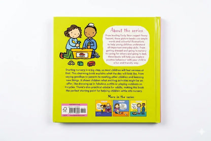 Back cover of a children's book with illustrations and text on a white background