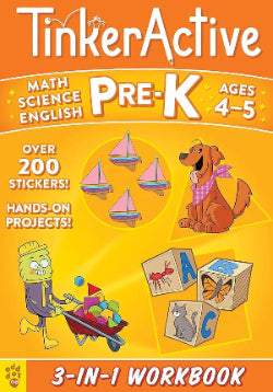 Cover of the 'Tinker Active Pre-K' workbook featuring cartoon characters and various colorful illustrations such as boats, animals, and robots, indicating a play-based learning approach for preschoolers.