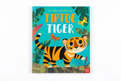 Book cover of 'Tiptoe Tiger' with a tiger illustration and colorful leaves on a blue background.