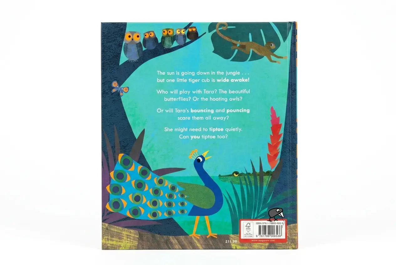 Colorful book back cover with a peacock illustration and text on a white background
