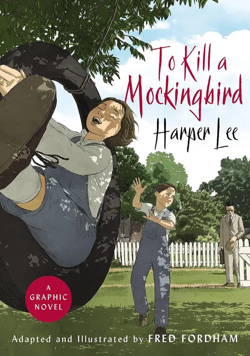 Book cover of 'To Kill a Mockingbird' graphic novel with characters and setting.