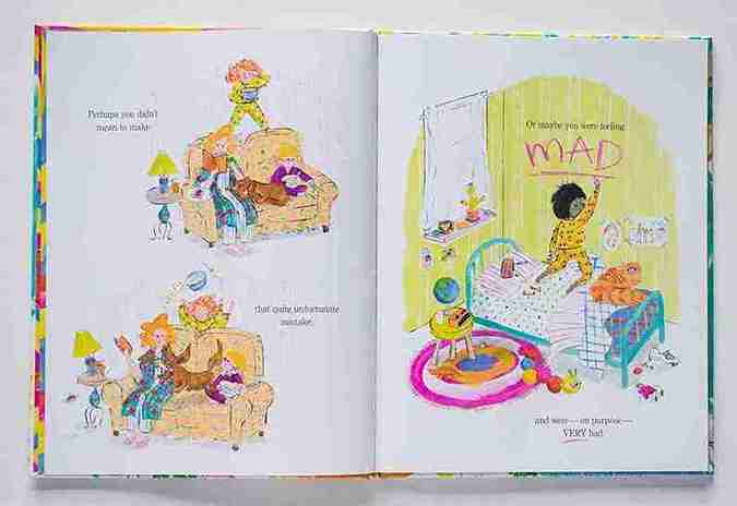 Illustrated book open to two pages with colorful drawings of children and furniture.