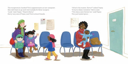 Illustration of children in a waiting room with a teacher, showing a scene from a book.