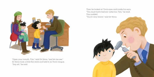 Illustration from a children's book showing a doctor examining a child with a stethoscope.