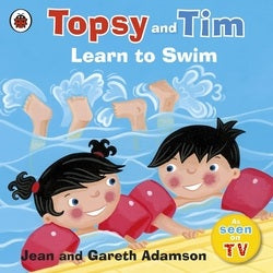 Book cover of 'Topsy and Tim Learn to Swim' with two children in a pool.