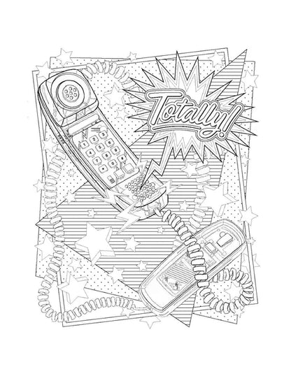 Black and white illustration of a phone and other vintage items with 'Totally!' text on a white background.