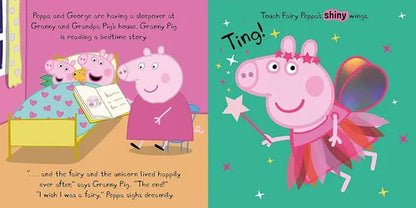 Illustration from a children's book featuring Peppa Pig and George in a fairy costume with a green background.