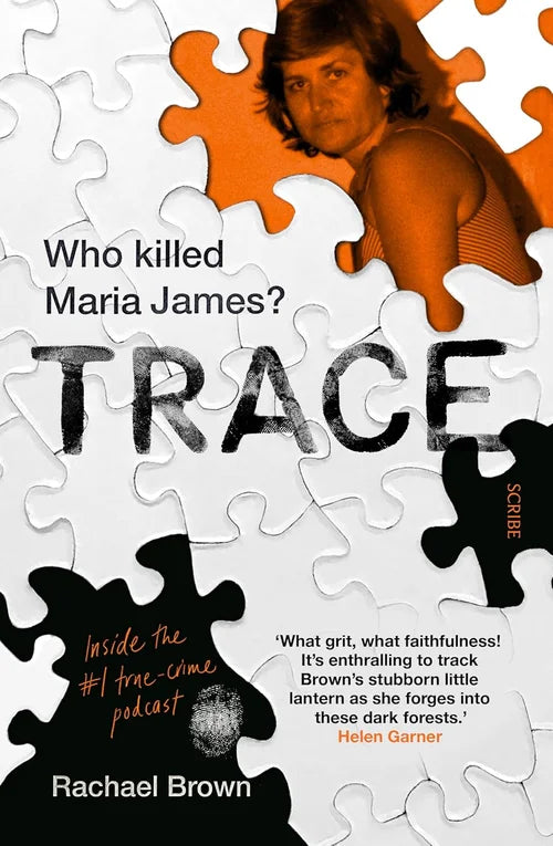 Book cover of 'Trace' by Rachael Brown featuring a puzzle piece with a person's face and text about a true crime podcast.