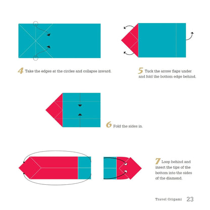 Step-by-step origami instructions with colored paper on a white background