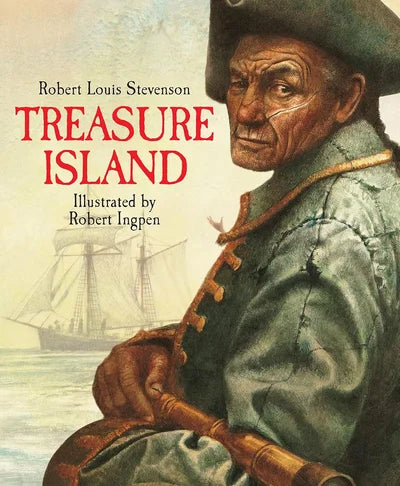 Book cover of 'Treasure Island' by Robert Louis Stevenson with an illustration of a man and ship.