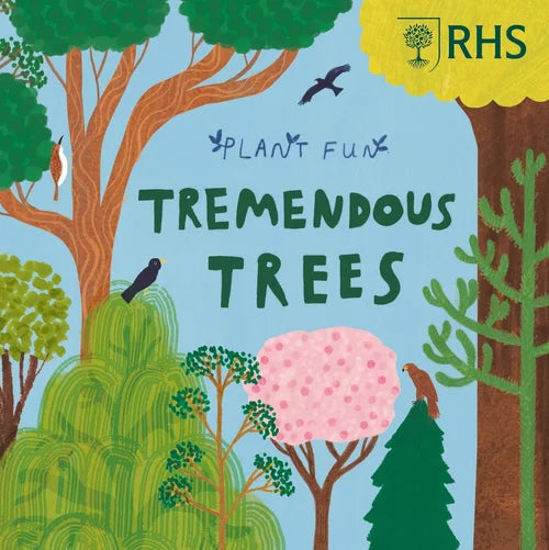 Illustrated book cover of 'Tremendous Trees' with trees and animals on a blue background, featuring the RHS logo.