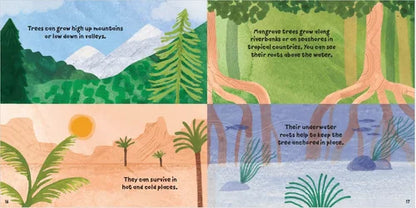 Illustrated book pages about trees, mountains, and rivers with text.