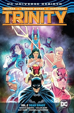 Comic book cover of 'Trinity' featuring Batman, Wonder Woman, and Superman with a cosmic background.