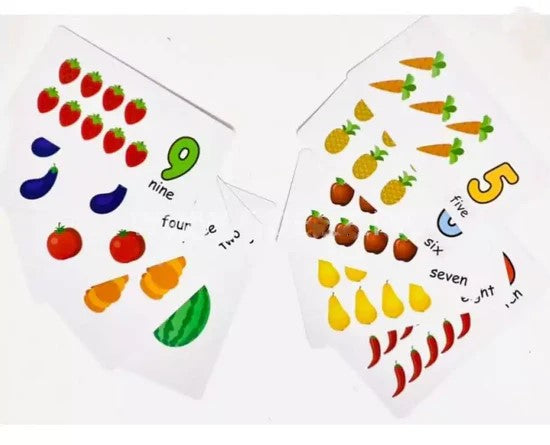 Educational cards with numbers and vegetables on a white background