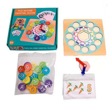 Educational toy set with digital clock components, packaging, and cards on a white background.