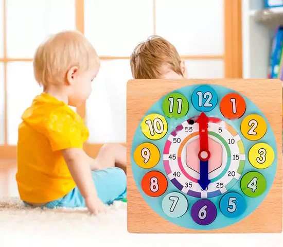 Children playing with a colorful educational clock toy.