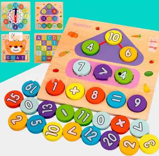 Wooden number puzzle with colorful numbers on a blue background